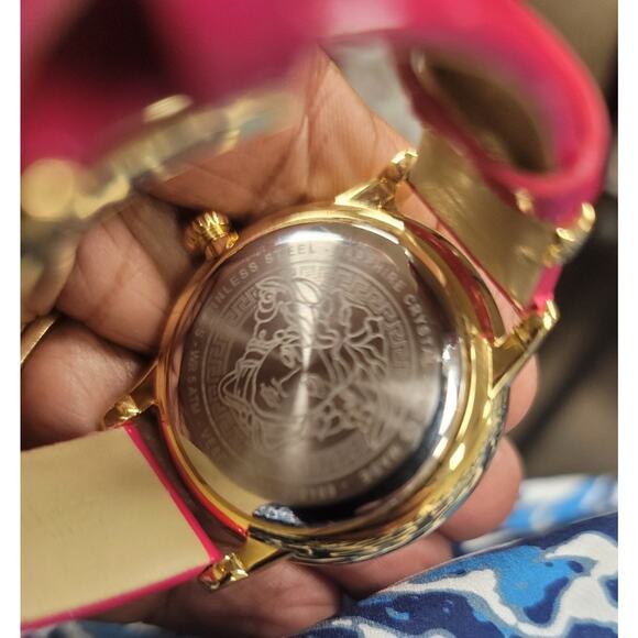 Versace Medusa Alchemy Quartz Leather watch with a pink leather strap, Gold Tone